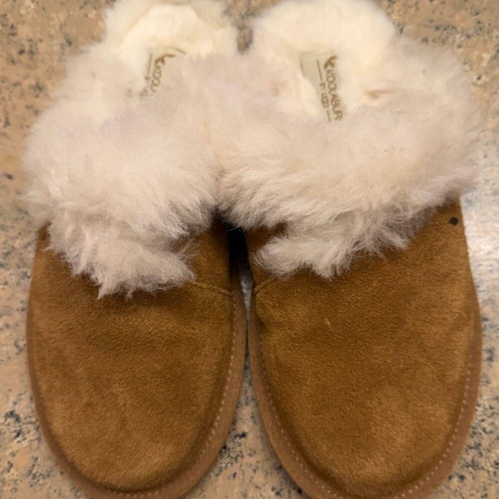 UGG Women's Tan and White Slippers